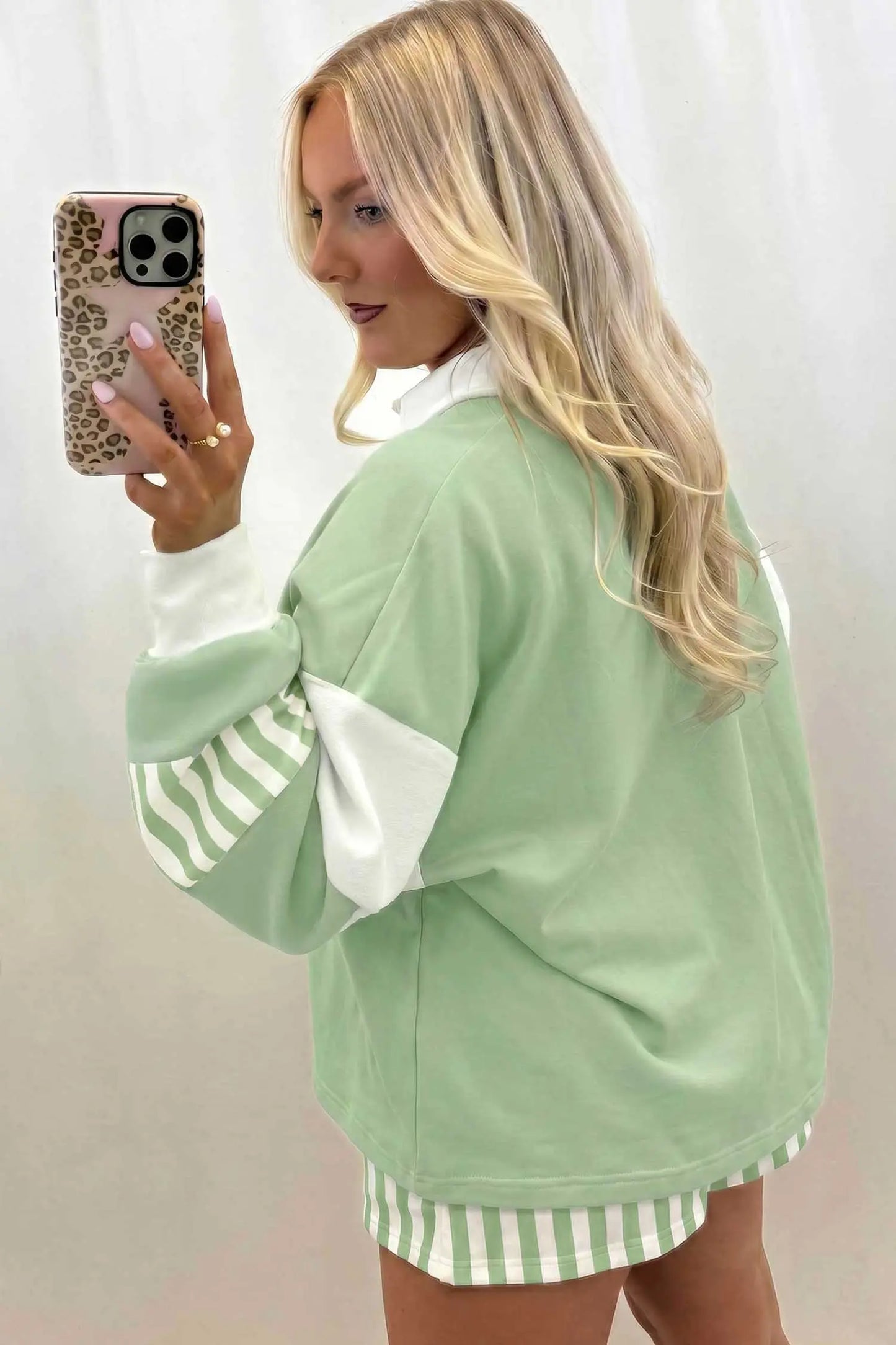 Gossamer Pink Striped Color Block Pullover Top Drawstring Shorts Set