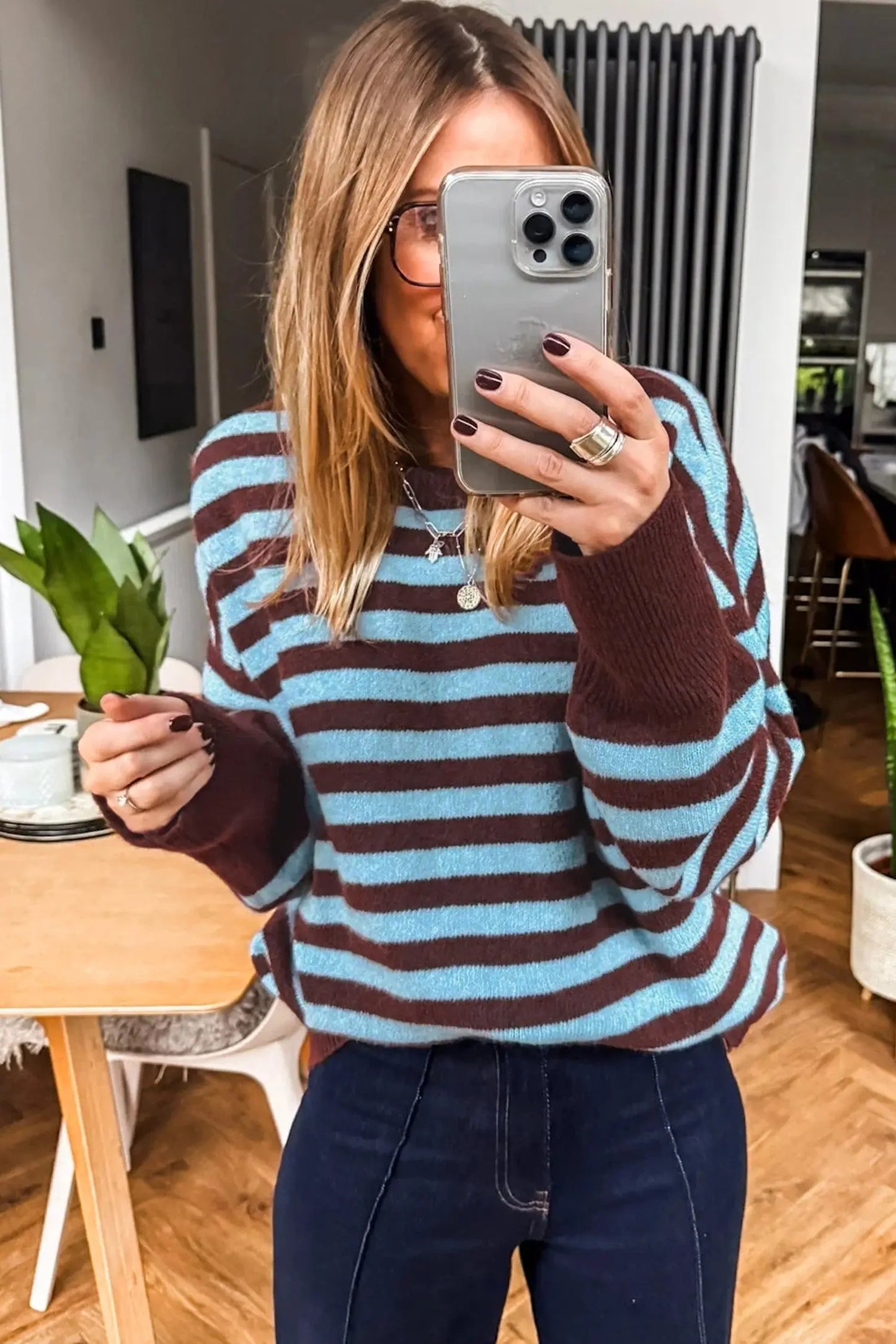 Brown Stripe Color Block Loose Crew Neck Cuffed Sweater