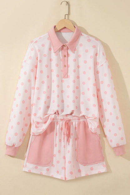 Pink Polka Dot Drop Shoulder Polo Loose Pullover Patch Pocket Casual Shorts Set