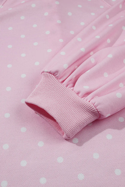 Pink Polka Dot Print Metal Button Collar Casual Pullover Sweatshirt