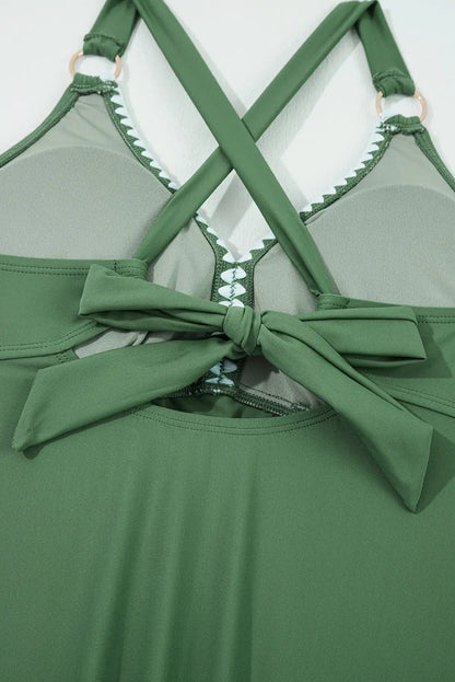 Four Leaf Clover O-ring Knot Back Straps Ricrac Trim V Neck Tankini Contrast Printed Swim Short 2pcs Set