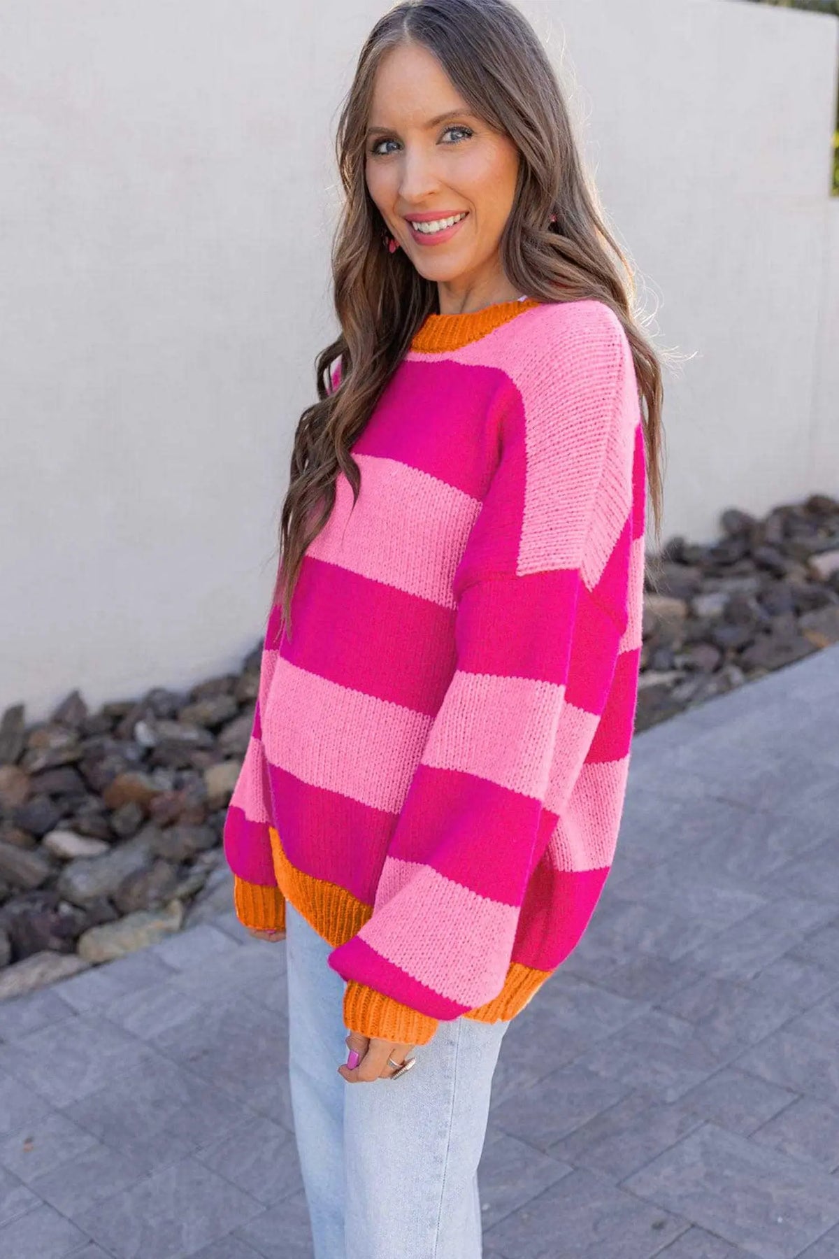 Rose Stripe Casual Colorblock Knit Drop Shoulder Relaxed Sweater