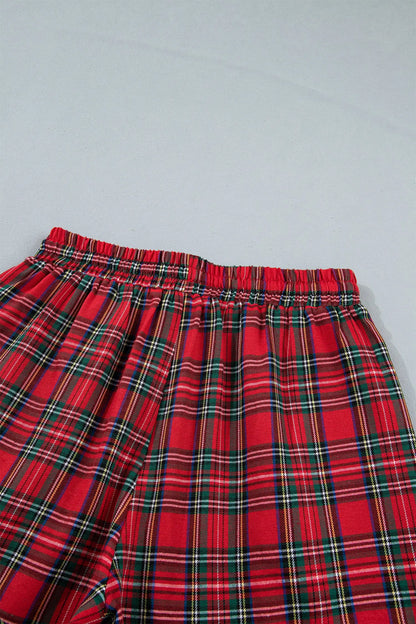 White Plaid Letter Print Short Sleeve Top Elastic Waist Pocket Shorts Lounge Set