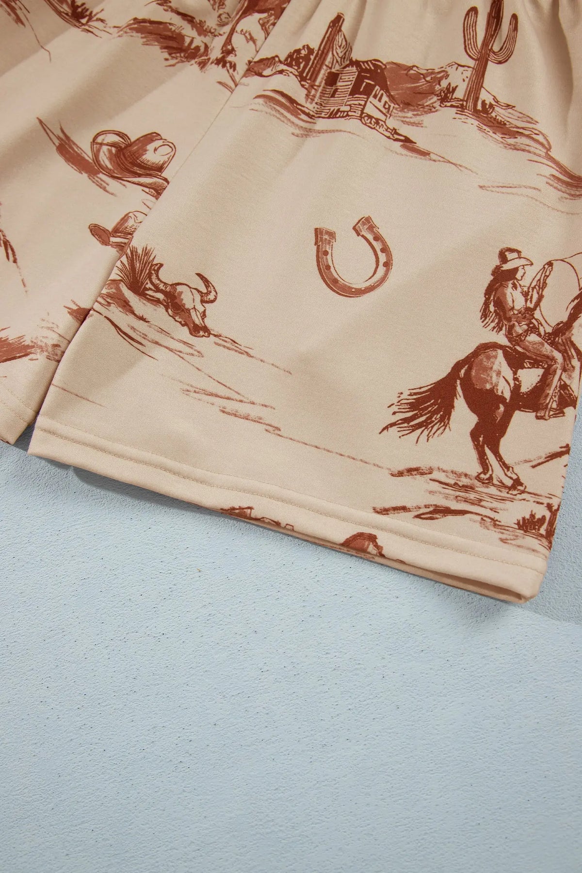 Beige Western Print Loose Fit Long Sleeve Top Short Set