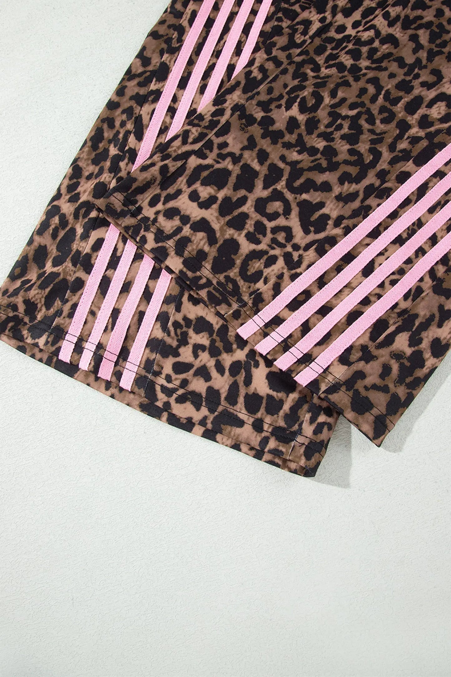 Brown Leopard Print Contrast Striped Detail Long Sleeve Top Pant Set