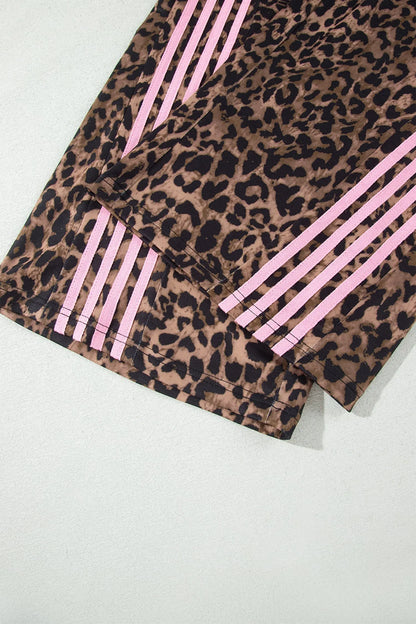 Brown Leopard Print Contrast Striped Detail Long Sleeve Top Pant Set