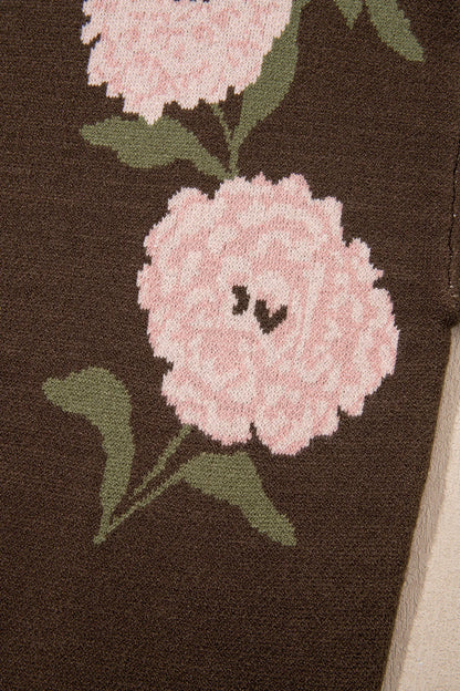 Dark Brown Floral Print Drop Shoulder Relaxed Pullover Sweater