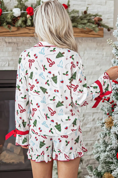 White Christmas Print Ruffle Cuff Long Sleeve Lounge Set