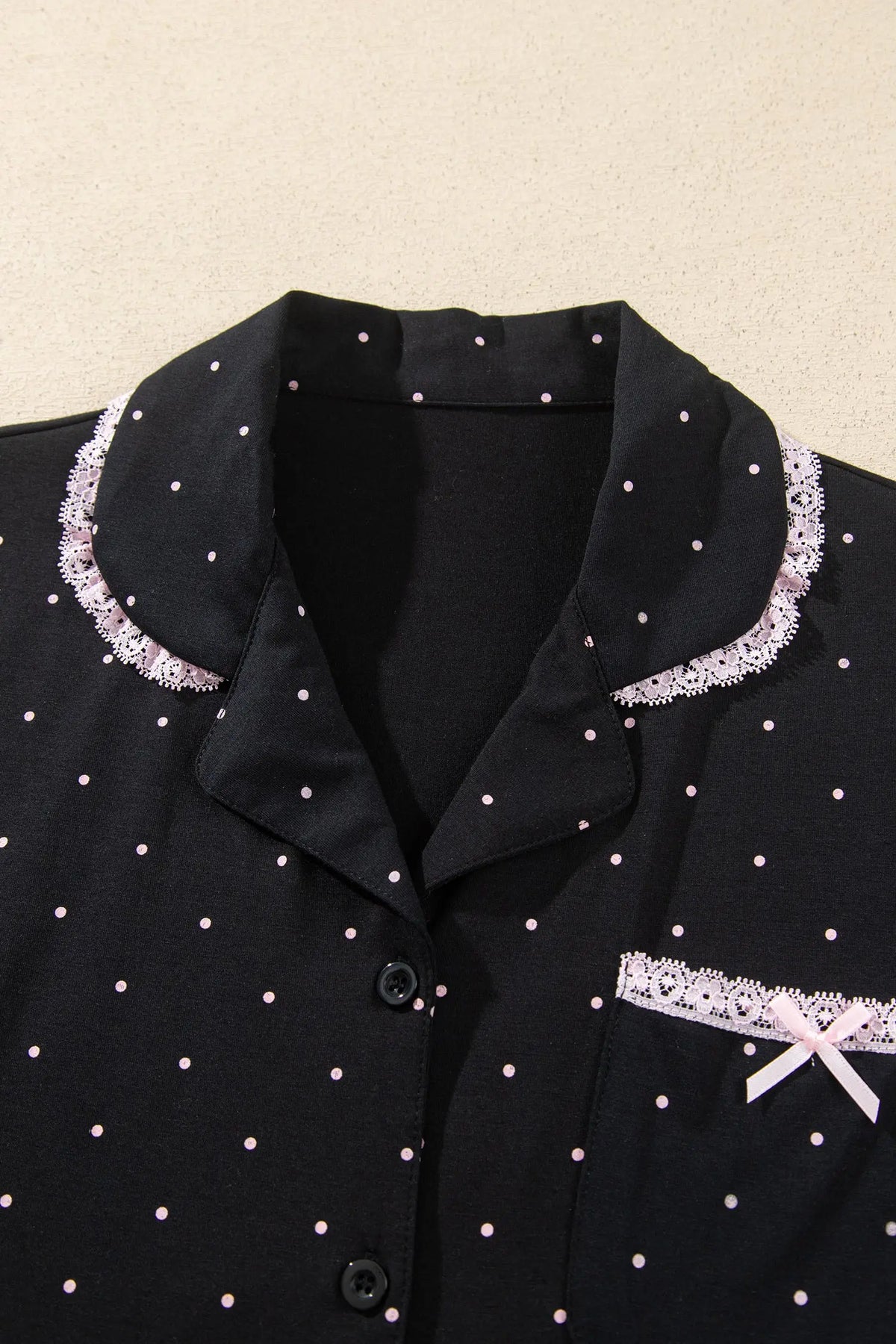 Black Polka Dot Long Sleeve Shirt Lace Detail Two Piece Pajama Pant Set