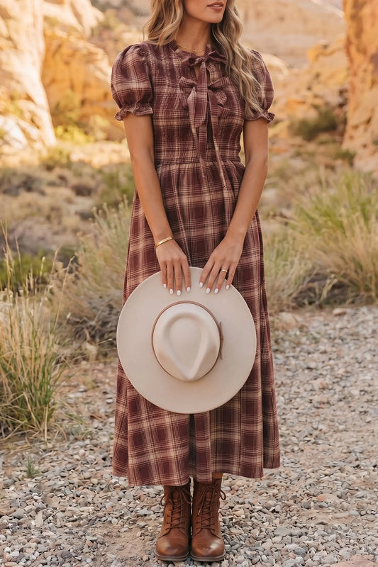 Red Vintage Plaid Knot Front Smocked High Waist Midi Dress model front view · nz-alt-v1