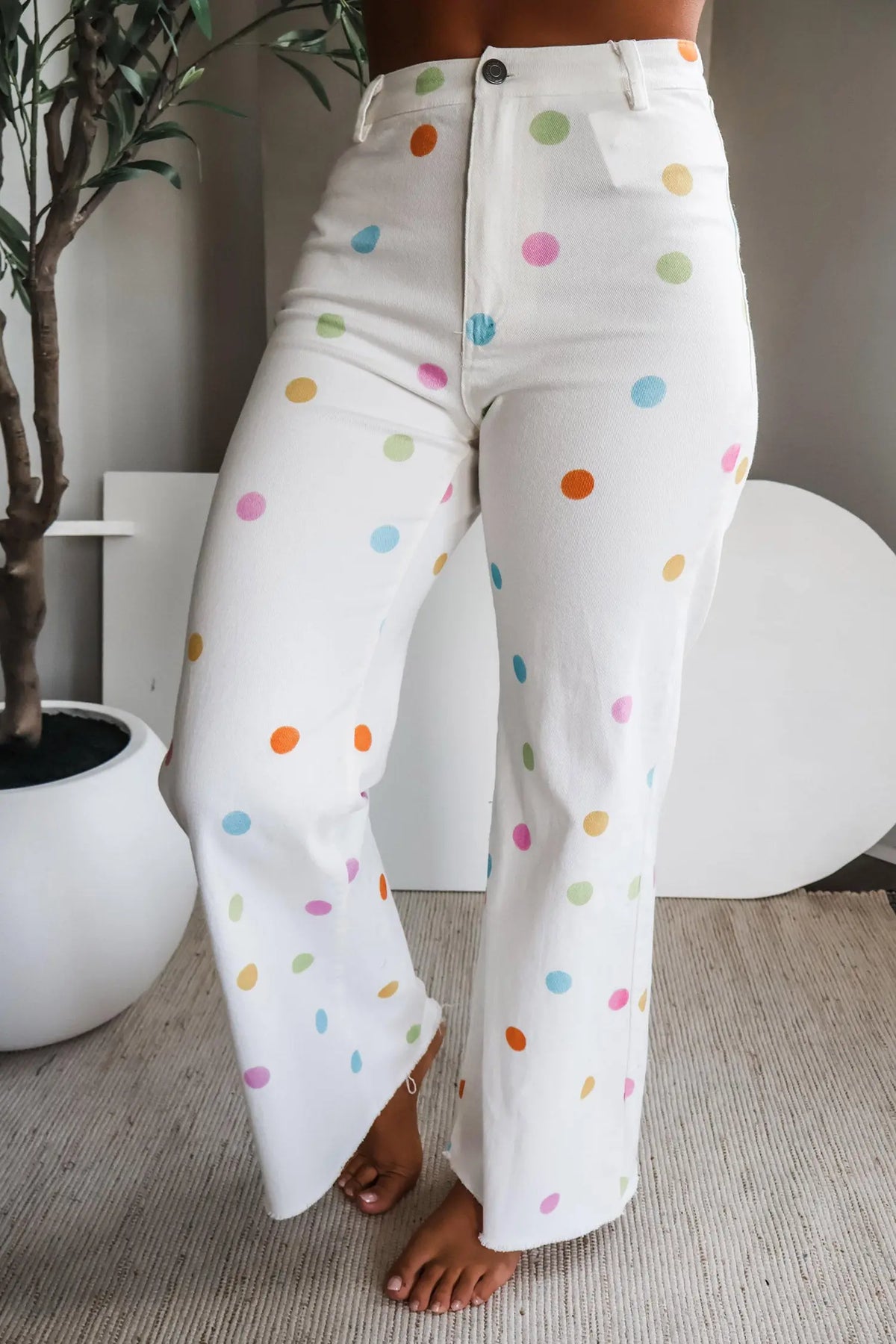 White High Waist Polka Dot Straight Leg Casual Jeans model front view · nz-alt-v1