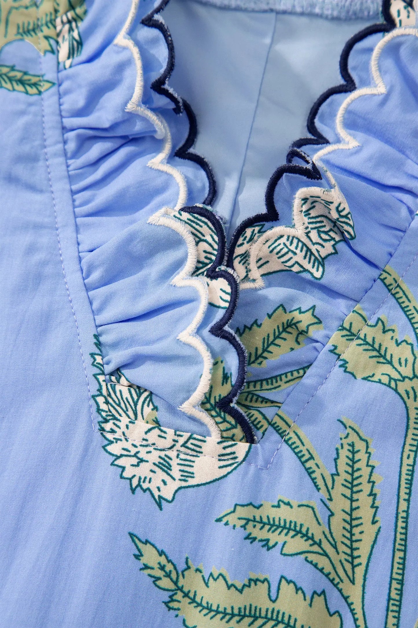 Sky Blue Wild Floral Print Scalloped Embroidery Trim V Neck Drop Waist Mini Dress