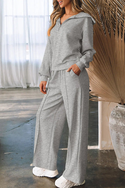Light Grey Solid Zip Sailor Collar Pullover Athleisure Sweatpants 2pcs Set