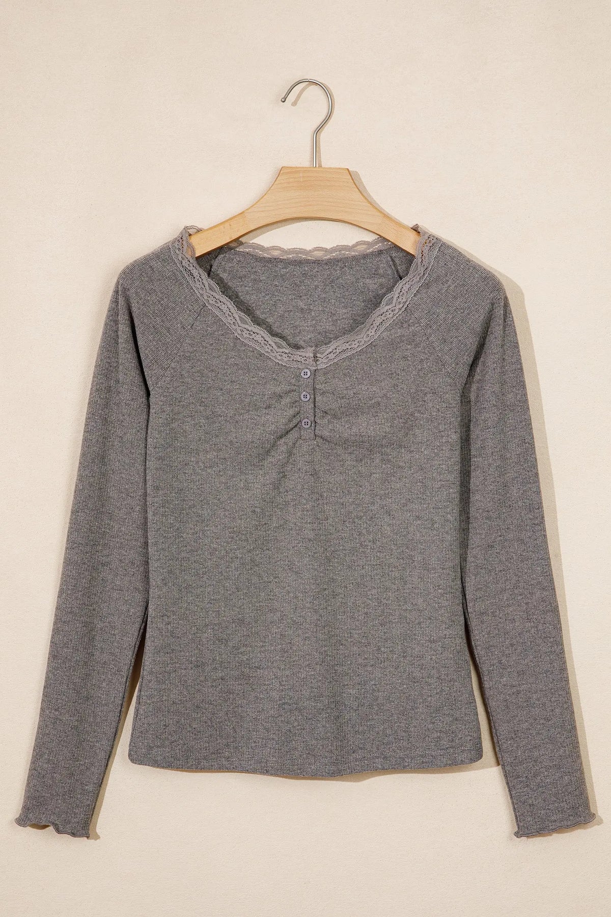 Medium Grey Ribbed Lace Trim V-Neck Button Detail Long Sleeve Top hanging view · nz-alt-v1