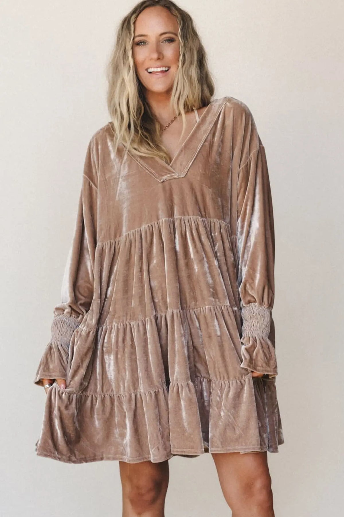 Smoke Gray Solid Color V Neck Velvet Tiered Long Sleeve Dress