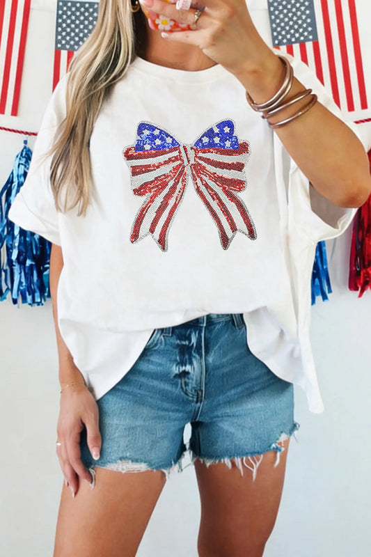 White Patriotic Sequin Bow Graphic Oversized Tee Nataliz