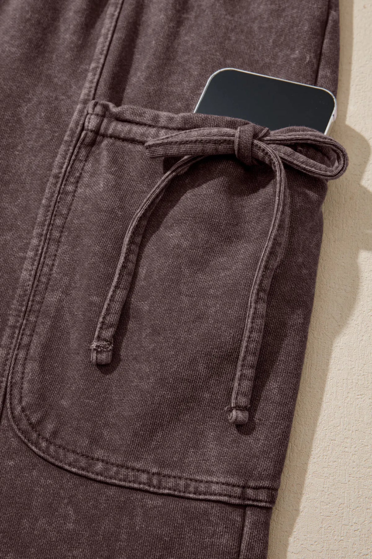 Dark Brown Cotton Mineral Wash Elastic Waist Drawstring Tie Detail Cargo Pants