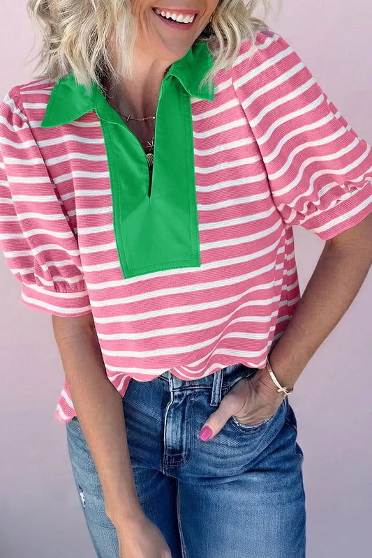 Pink Stripe Short Puff Sleeve Color Block Polo Collar Blouse Nataliz