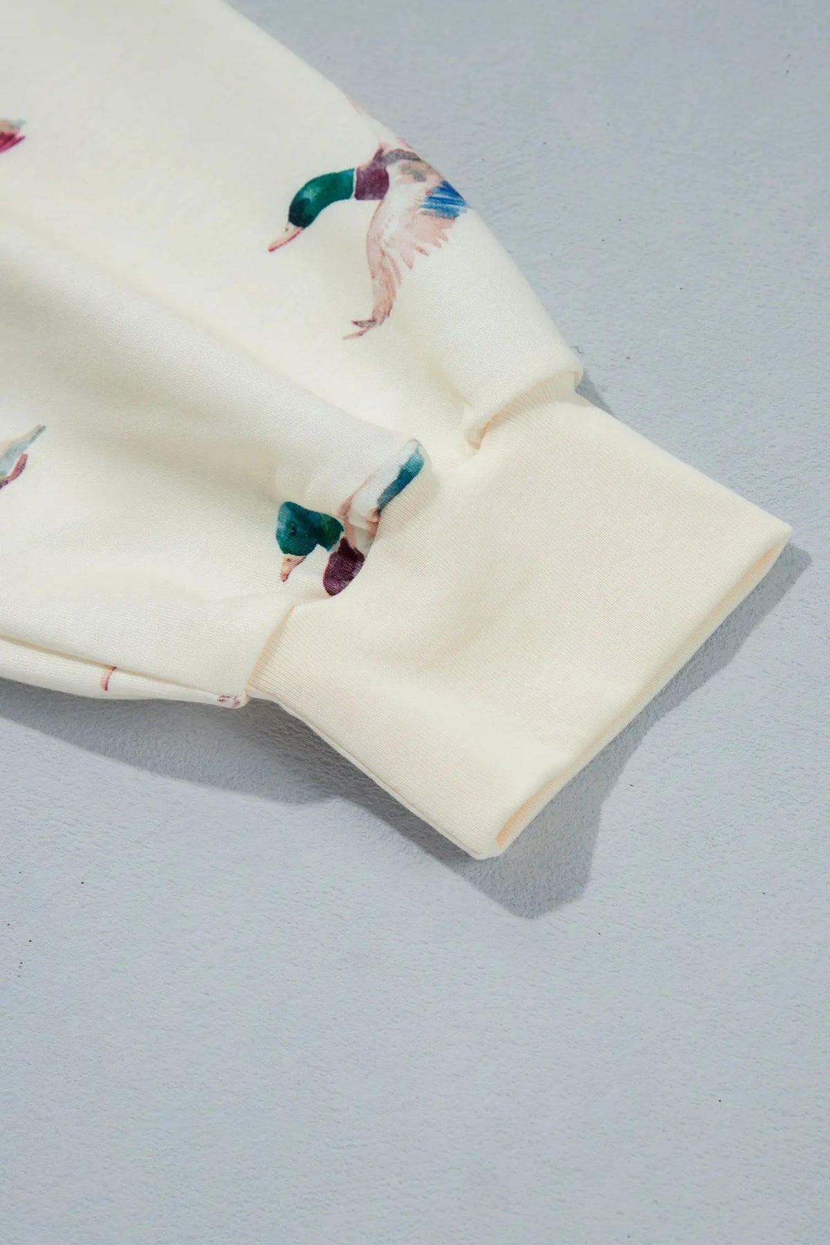 Beige Free Mallard Print Long Sleeve Top Drawstring Short Set