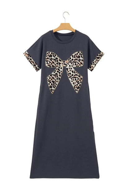 White Contrast Leopard Bow Patched Short Sleeve T Shirt Long Dress - Casual Dresses