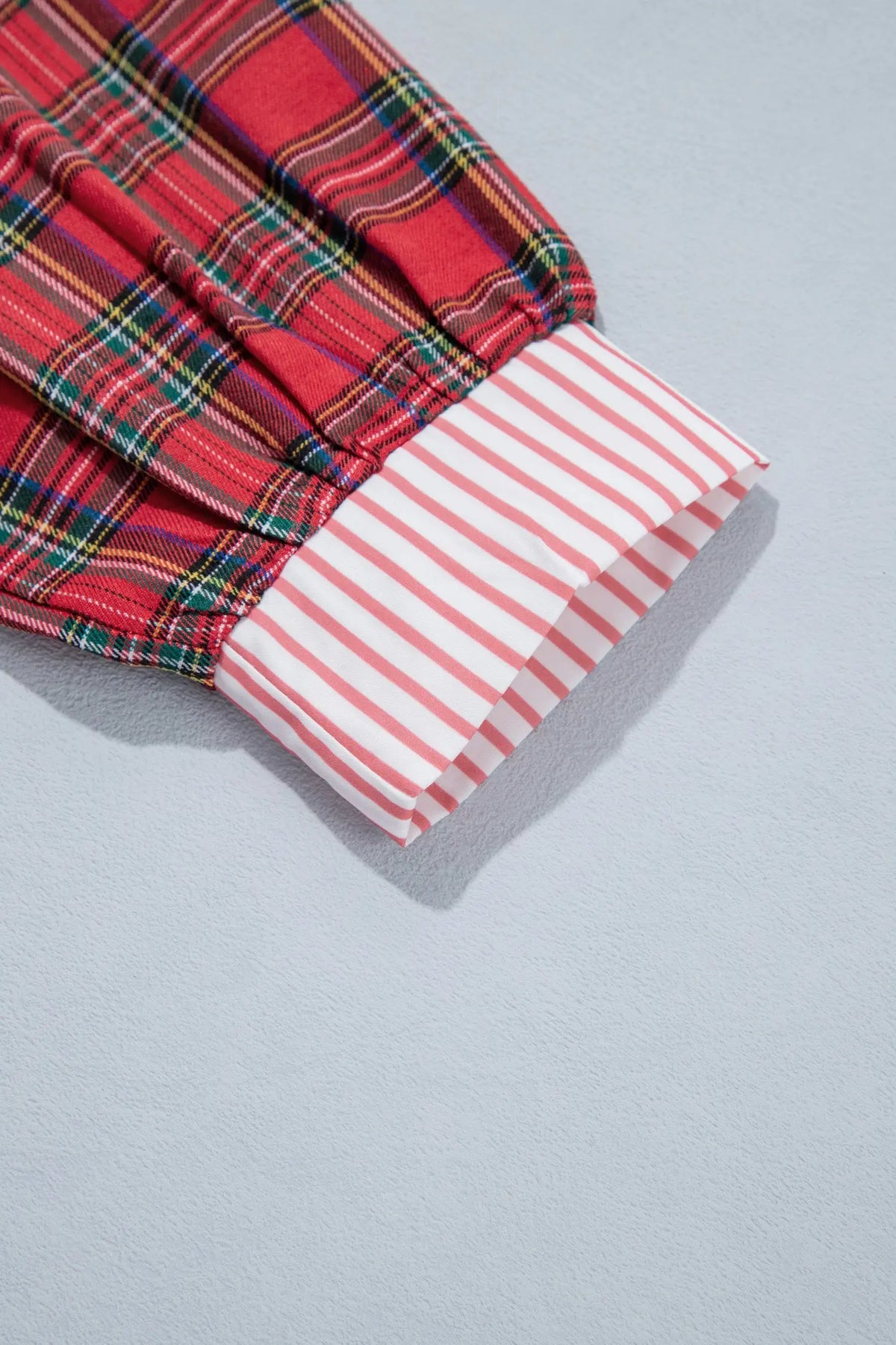 Red plaid v neck collar cuff shift dress detail view · nz-alt-v1