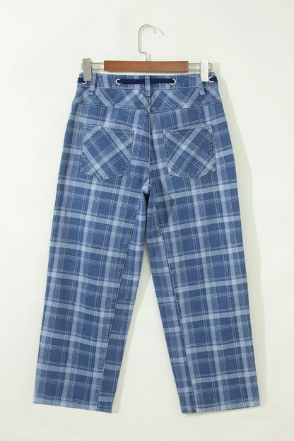 Sky Blue Plaid Denim Grommet Drawstring Waist Ankle-Length Jeans