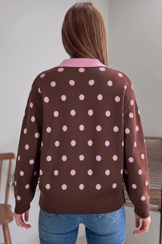 Pink polka dot pattern color block collared loose pullover sweater model back view · nz-alt-v1