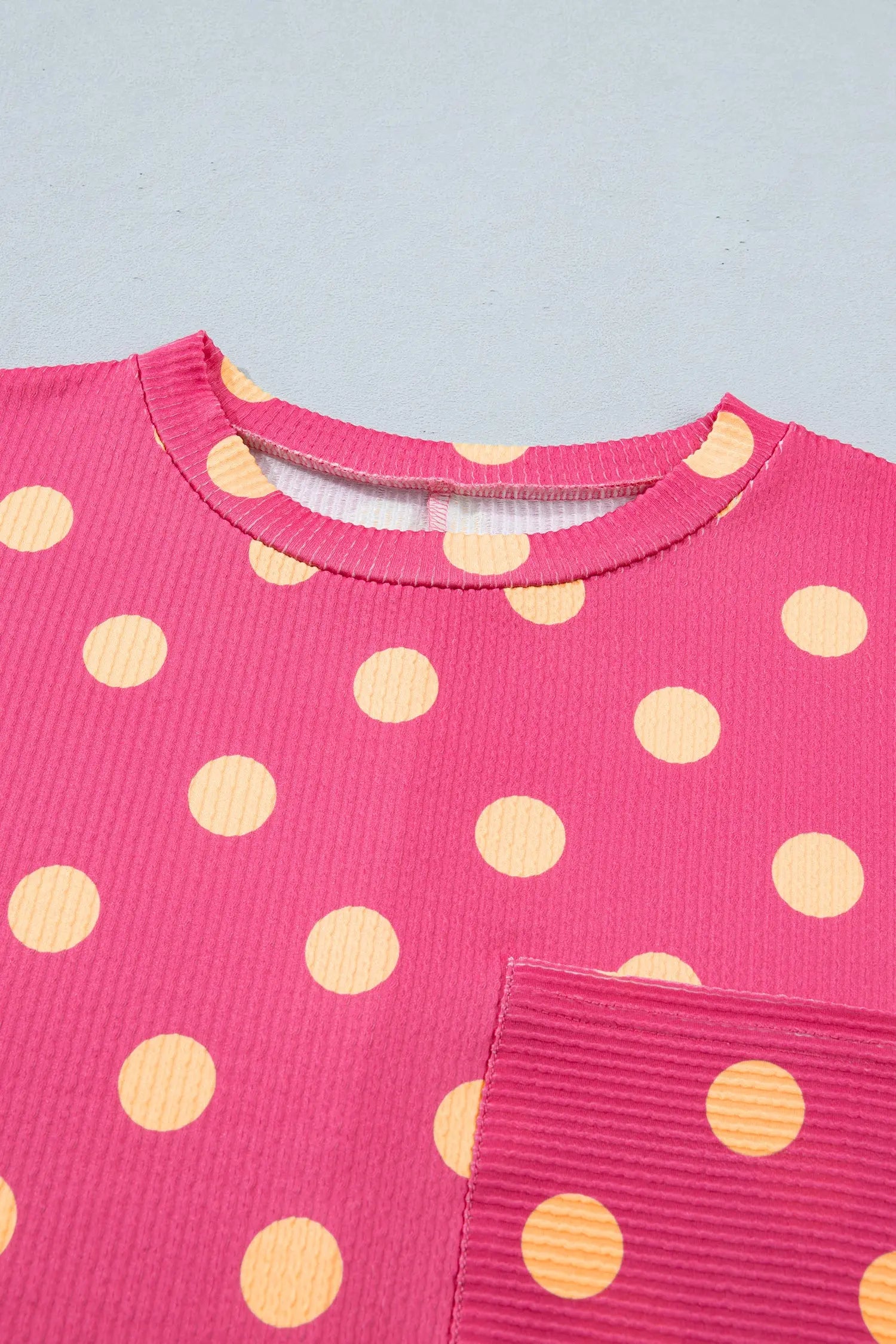 Sky Blue Polka Dot Round Neck Drop Shoulder Patch Pocket Jacquard Texture Top Nataliz