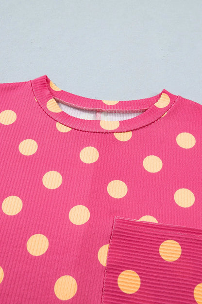 Sky Blue Polka Dot Round Neck Drop Shoulder Patch Pocket Jacquard Texture Top Nataliz