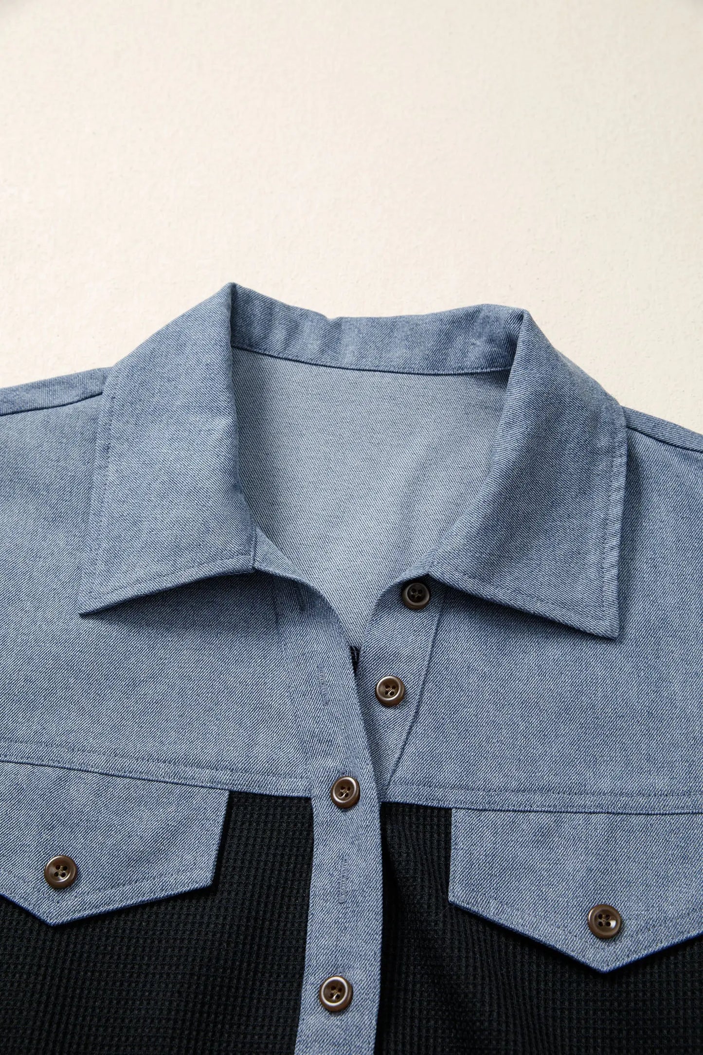 Black Waffle Knit Denim Color Block Patchwork Button Flap Polo Top - Tops
