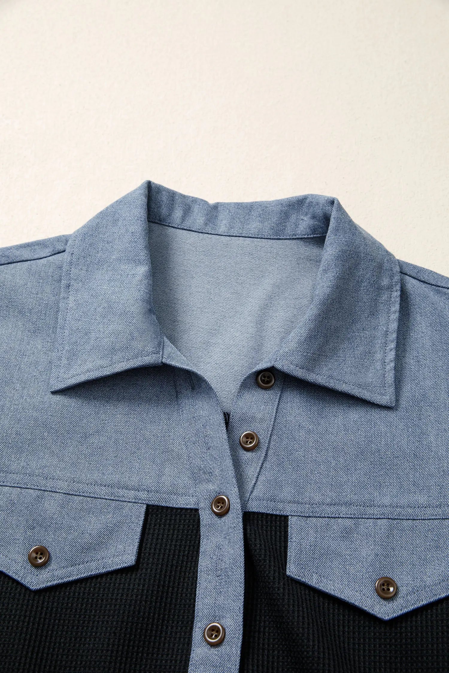 Black Waffle Knit Denim Color Block Patchwork Button Flap Polo Top - Tops