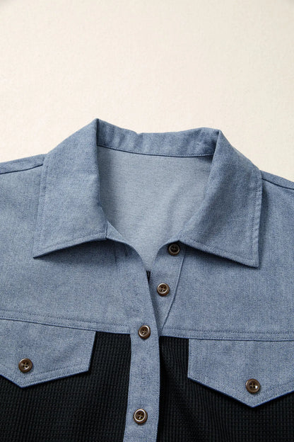 Black Waffle Knit Denim Color Block Patchwork Button Flap Polo Top - Tops