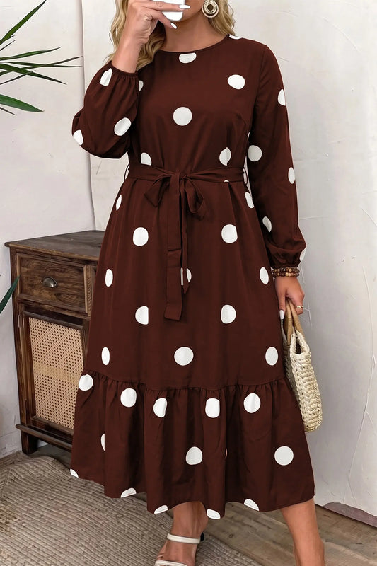 Brown Polka Dot Ruffled Hem Long Sleeve Tie Waist Plus Size Dress model front view · nz-alt-v1