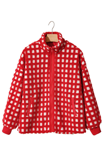 Fiery Red Plaid Zip-up Long Sleeve Jacket