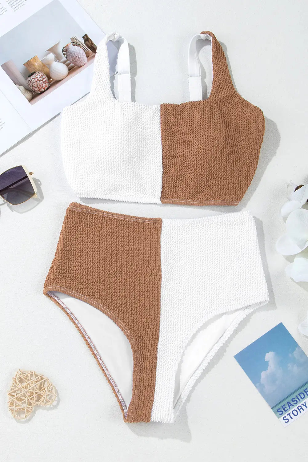 White corded colorblock square neck bikini swimsuit flat lay view · nz-alt-v1