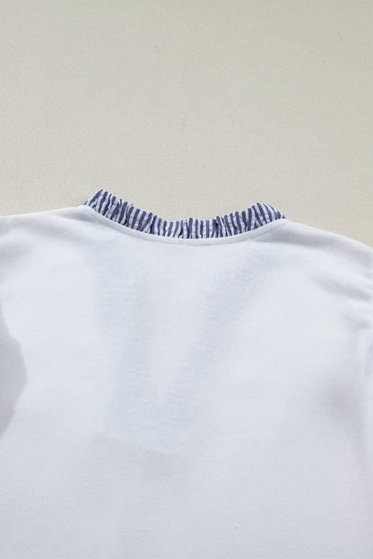White Contrasted Striped Patchwork Split Neck Ruffle Trim Sleeveless Dress - Casual Dresses