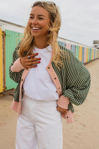 Green Stripe Striped V Neck Patchwork Long Sleeve Regular Fit Cardigan