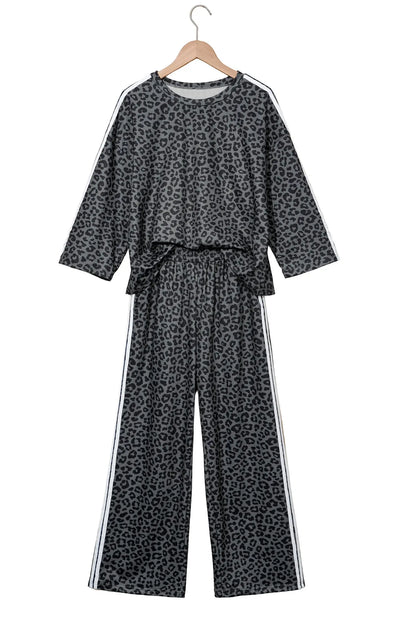 Apricot Leopard Print Varsity Striped Detail 3/4 Sleeve Top Shift Pant Set