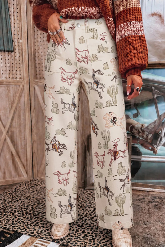 Multicolour western print straight leg ankle-length pocket jeans model front view · nz-alt-v1