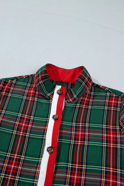 Green Plaid Button Front Short Sleeve Shift Dress