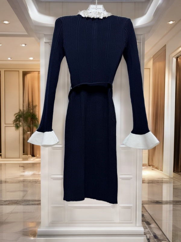 Ribbed Knit Mini Dress with Ruffle Trim and Belt hanging view · nz-bg-v1