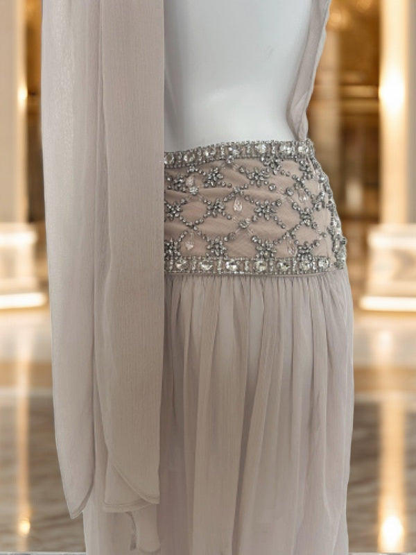 Beaded Waist High-Neck Halter Maxi Dress in Taupe detail view · nz-bg-v1