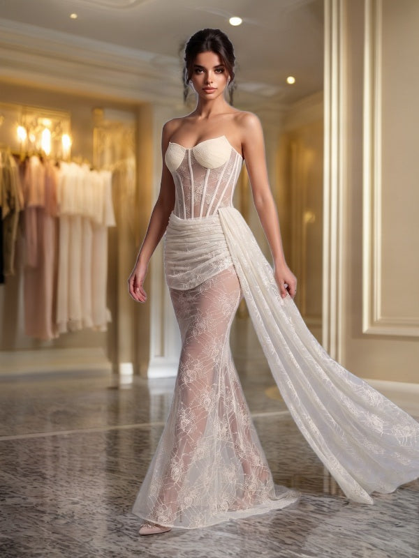 Strapless Sheer Lace Corset Maxi Gown with Draped Sash model front view · nz-bg-v1
