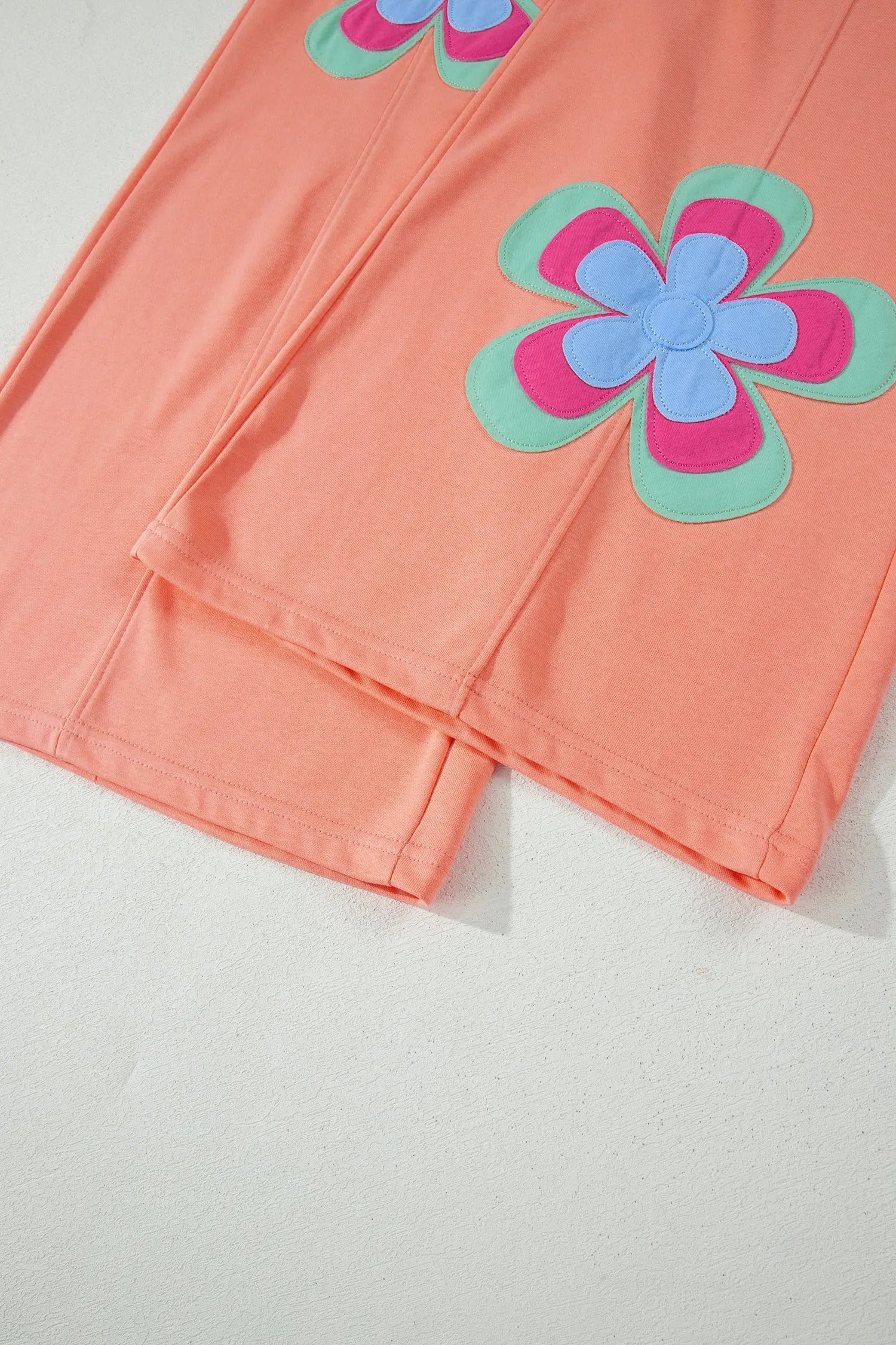 Grapefruit Orange Color Block Flower Patchwork Drawstring Contrasted Elastic Waist Wide Leg Pants Nataliz