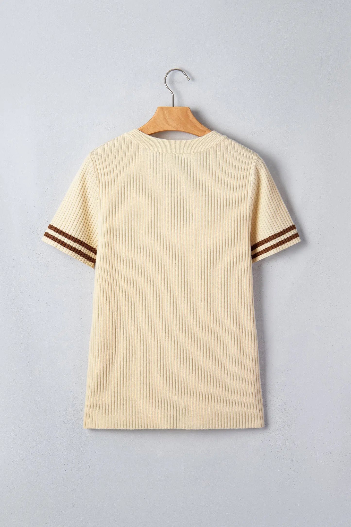 Apricot V Neck Ribbed Knit Striped Trim Short Sleeve Sweater Nataliz