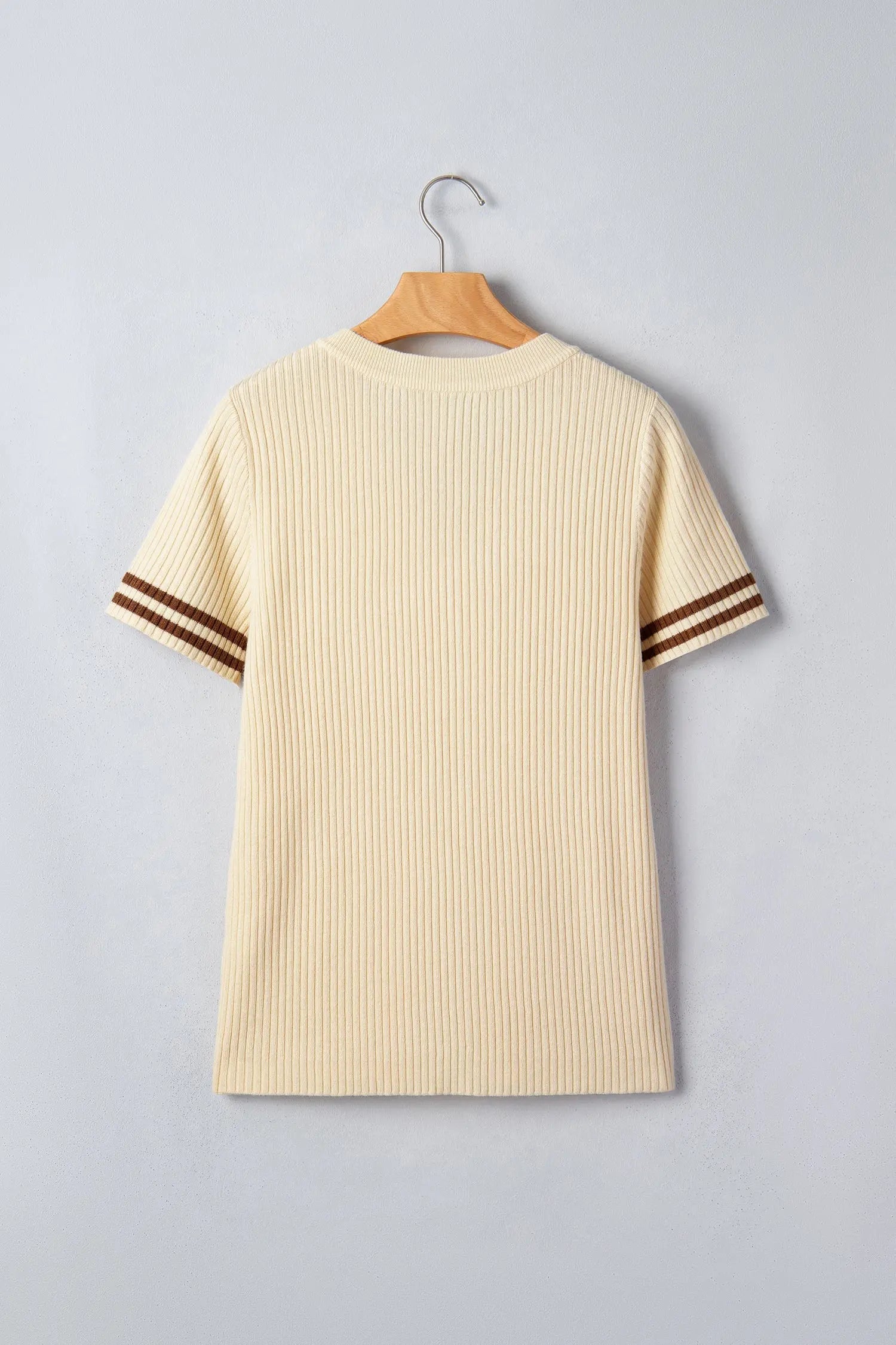 Apricot V Neck Ribbed Knit Striped Trim Short Sleeve Sweater Nataliz