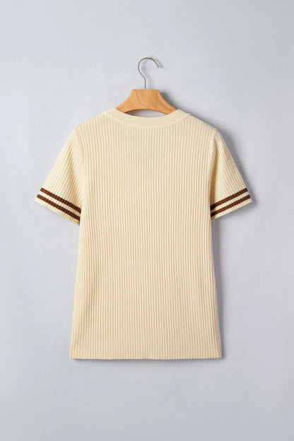 Apricot V Neck Ribbed Knit Striped Trim Short Sleeve Sweater Nataliz