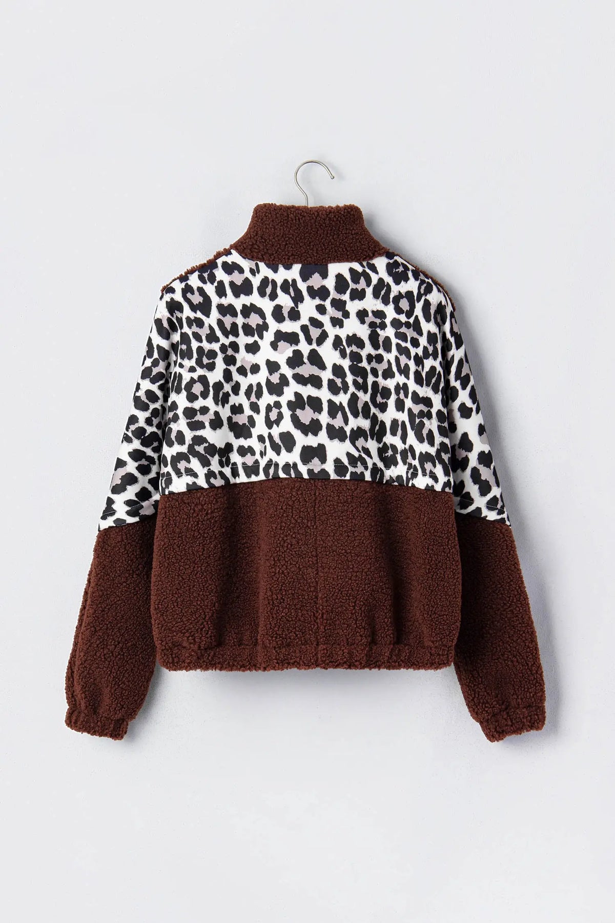 Coffee Leopard Patchwork Fleece Western Style Zip-up Collar Jacket