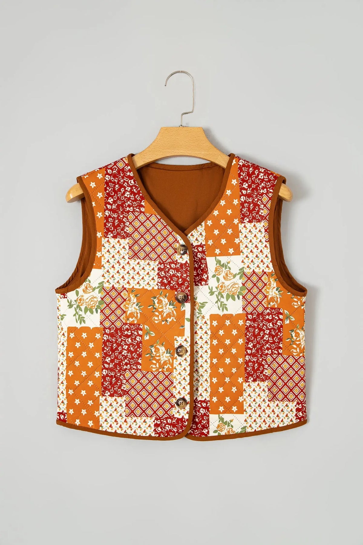 Golden Fleece Quilted Floral Patchwork Contrast Trim V Neck Button Vest