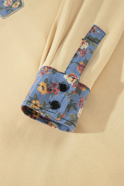 Apricot Floral Denim Patchwork Collar V Neck Long Sleeve Pullover Top